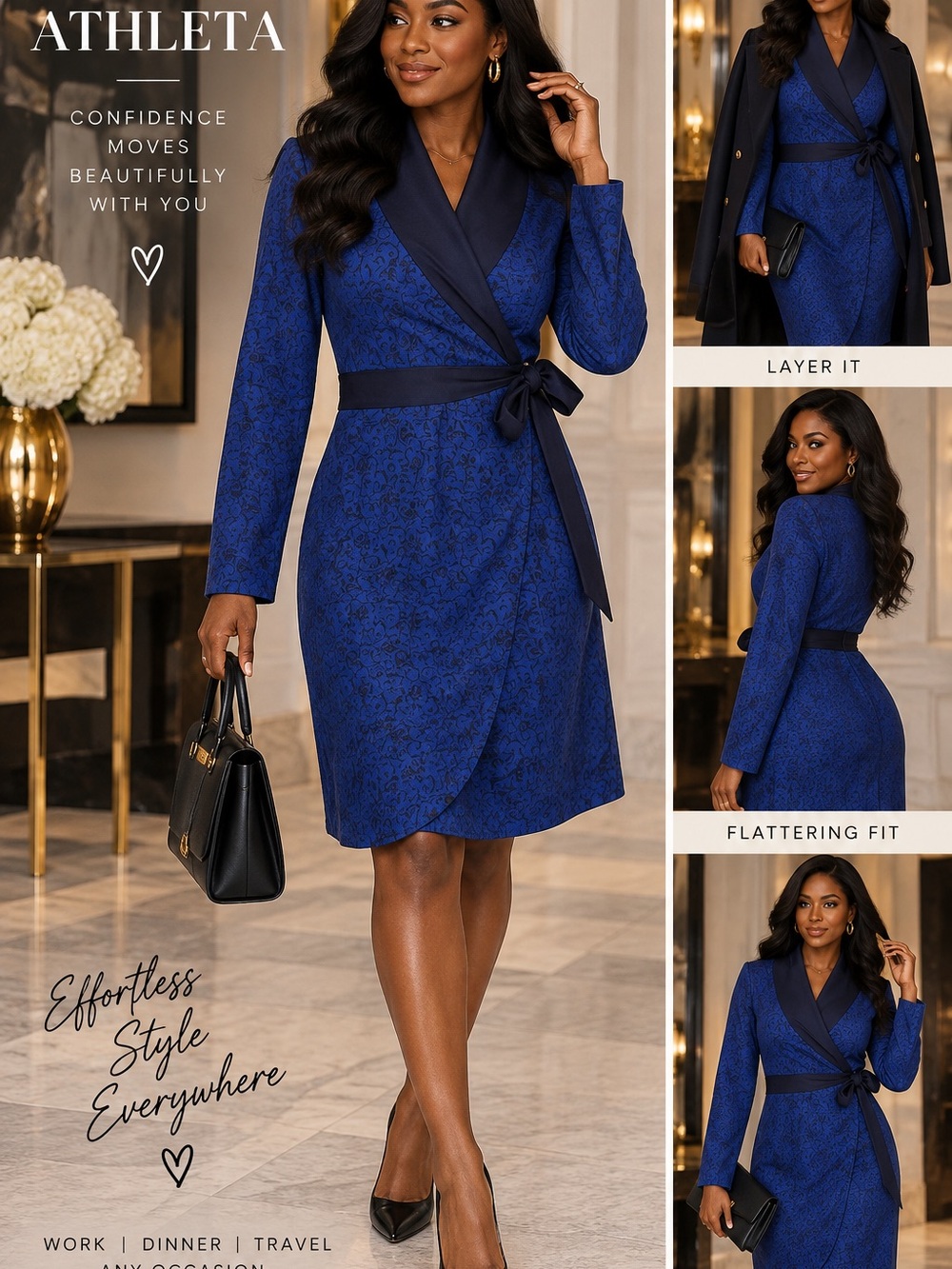 Athleta Blue Wrap Dress XXS Navy Jacquard Tie Waist Travel Work Cocktail